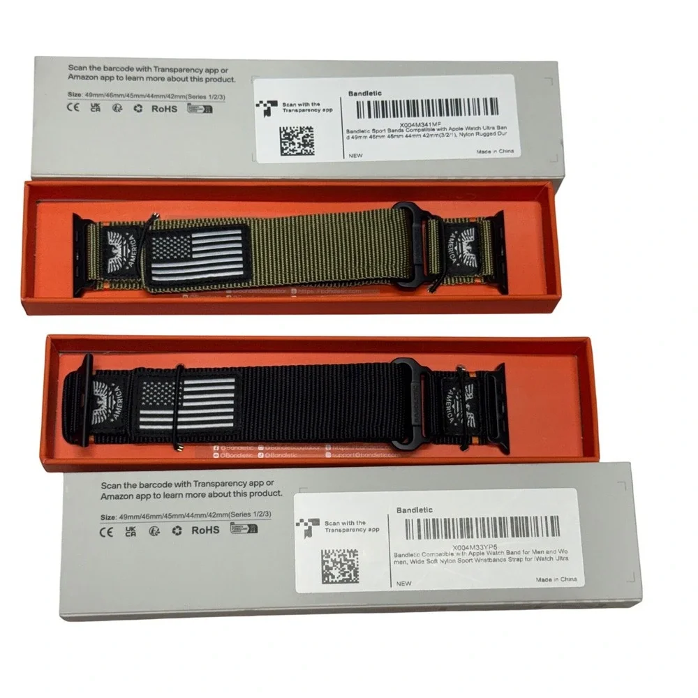 Bandletic R-Nylon Apple Watch Band Tactical USA Flag 49/45/44mm Black Olive 2pk